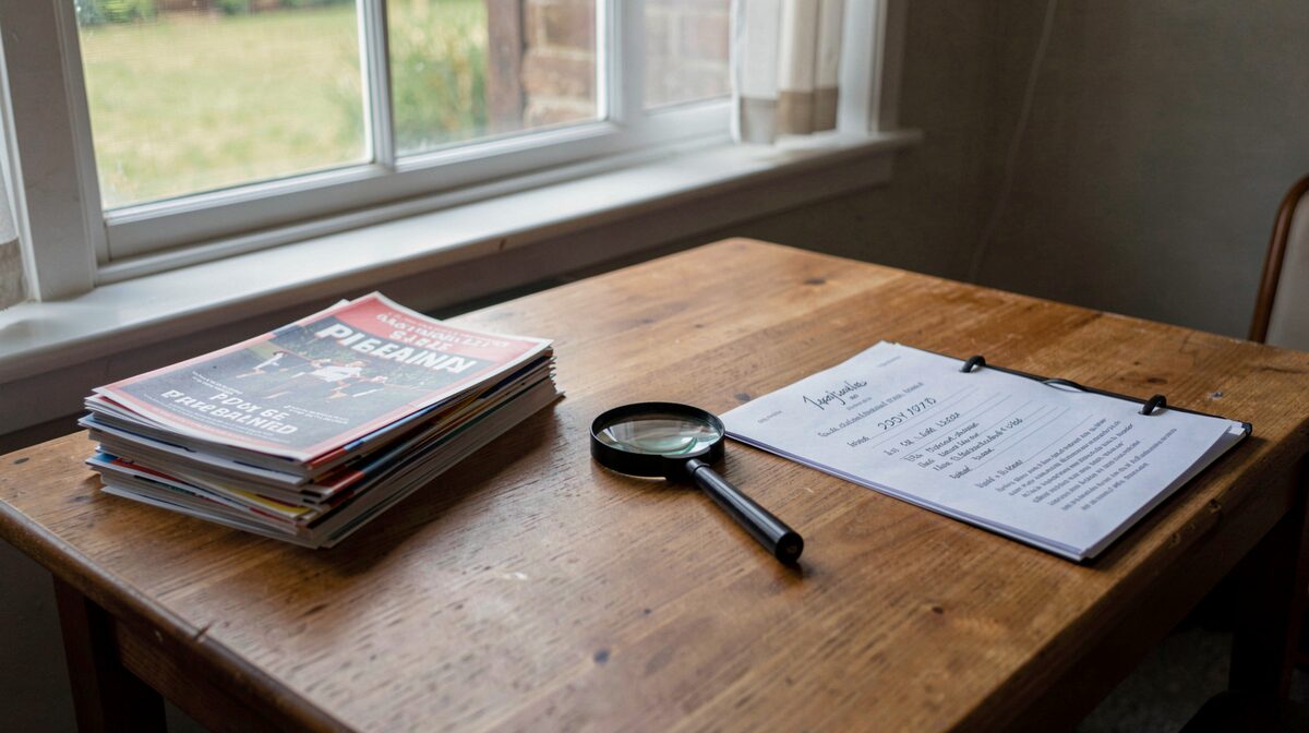 A wooden reading-room table under a north window, with a stack of pipe band programmes, a magnifying glass, and a folder labelled with a date, photographed at a slight angle.