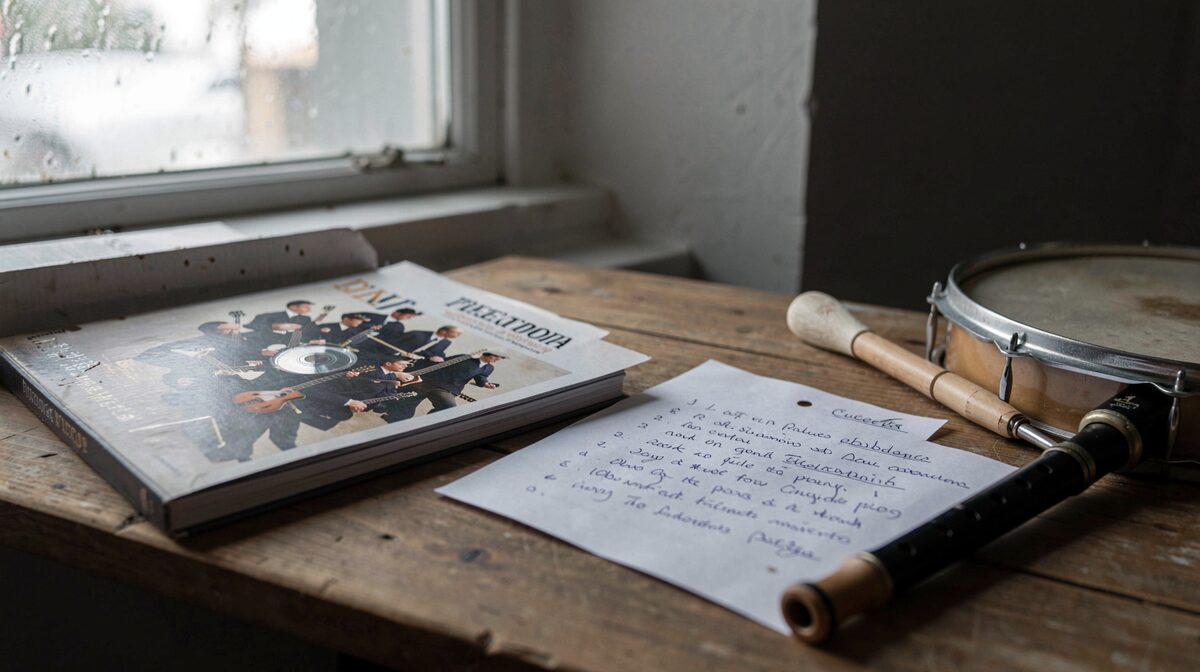 A pipe band's printed CD volume on a wooden table beside a handwritten cue sheet, a practice chanter and a snare drum stick, lit by a single window on a grey afternoon.